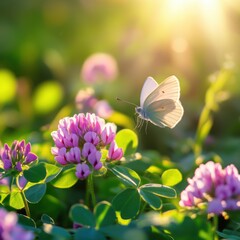 Fototapeta premium Butterfly on Clover Flower in Meadow at Sunset Eye-Level View Nature Macro Close-up Springtime Beauty