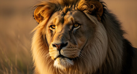 Fototapeta premium A majestic portrait captures the powerful face of a wild, big cat, the king with a glorious mane