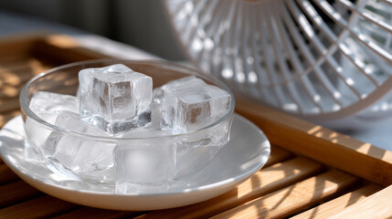 Ice cubes in front of a fan