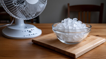 Ice cubes in front of a fan