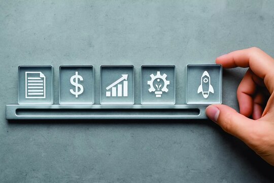 Hand Placing Rocket Ship Icon After Document, Dollar Sign, Growth Chart, and Gear with Light Bulb: Business Startup and Launch.