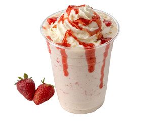 Strawberry Milkshake with Whipped Cream and Syrup Isolated on transparent background cutout, PNG file, Cutout file