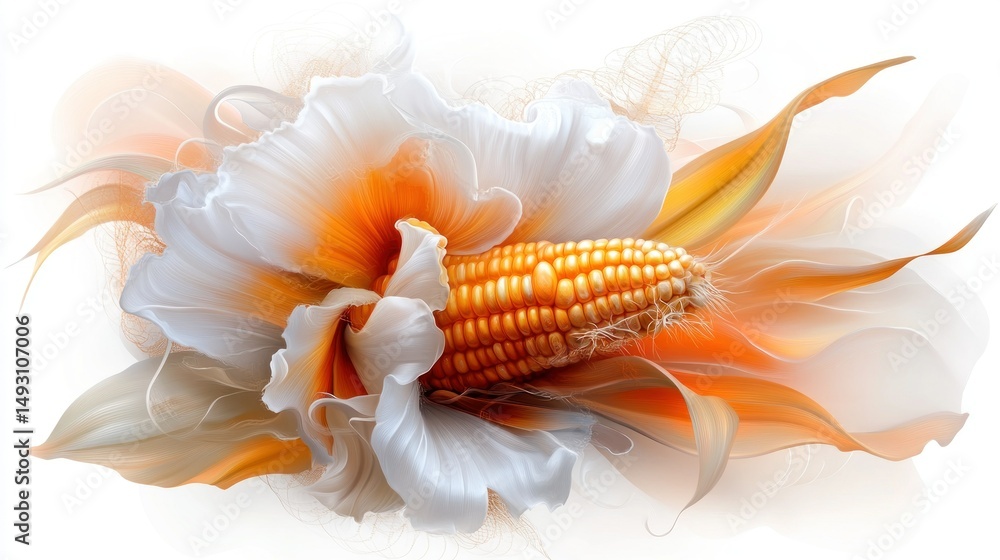 Poster artistic rendering of corn combined with flower petals in orange and white patterns