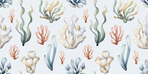 Sea plants. Seaweeds coral sponge. Watercolor hand painted summer seamless pattern on blue background. Cute pastel kids