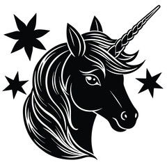 Elegant Black Unicorn Head Illustration with Stars