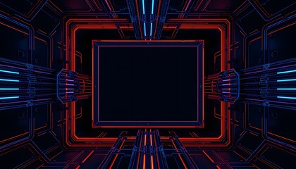 A futuristic, neon  lit tunnel with a central black void, surrounded by red and blue cybernetic structures. 