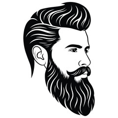 This vector image features a stylized, hand-drawn portrait of a bearded man with a slicked-back pompadour hairstyle, offering a clean, vintage aesthetic. 