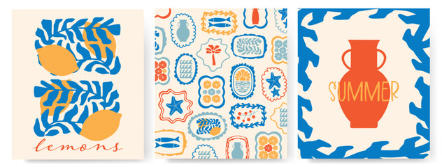 Modern abstract summer poster in sketch doodle style with hand drawn. Trendy design for cards, wall art, ads, print, decor, branding. Amalfi, Italian sea coast hand drawn icons. Summer sea vacation. © AYSIA
