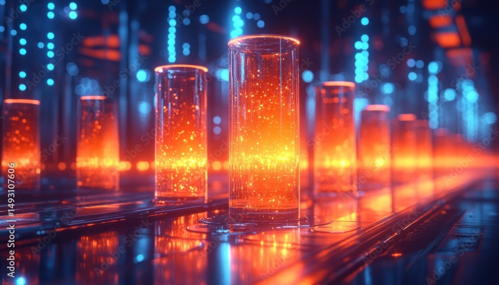 Poster illuminated glass containers with glowing particles in a futuristic laboratory setting