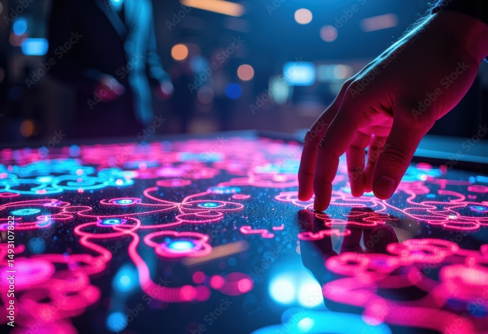 Poster a person interacts with a colorful digital touchscreen display in a high-tech environment