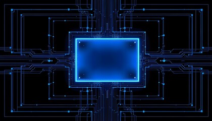 A blue  lit central square surrounded by intricate, glowing blue circuit  like patterns on a black background. 
