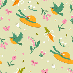 Garden spring seamless pattern with hats, birds and flowers. Vector graphics