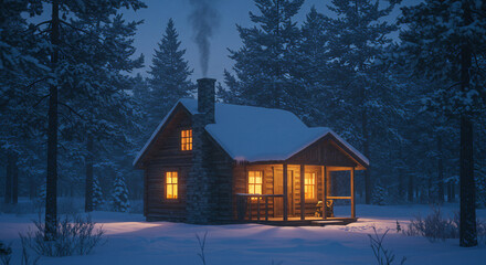 Snow-Covered Cabin in Forest with Chimney Smoke, Dusk Light