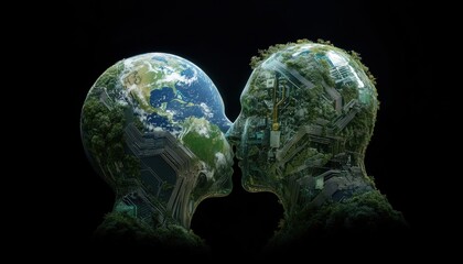 Ai circuits merging into earth silhouette a vision of unity technology and nature in digital art