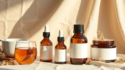 Flatlay of Herbal Tea, Essential Oils, and Botanical Skincare on Linen Surface with Soft Natural Light - High-Resolution Wellness Scene for Organic Branding, Product Packaging, and Editorial Use
