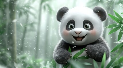Cheerful baby panda munches bamboo leaves with soft light green forest background.