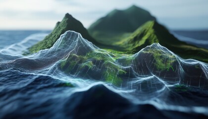 Ai-generated digital mesh of a world map over lush landscapes nature and technology fusion serene viewpoint