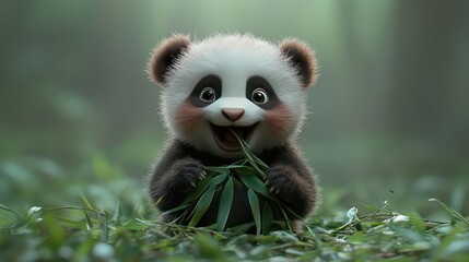 Cheerful baby panda munches bamboo leaves with soft light green forest background.