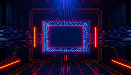 A dark  toned scene with a central blue  outlined square surrounded by neon  lit, circuit  like patterns. 