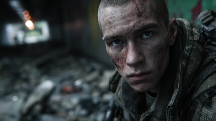 Battle Weary Soldier Scout with Buzzcut Hair and Scarred Brow Against Gritty Urban Background
