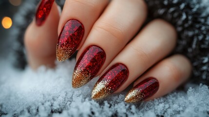 Festive red and gold ombre nails