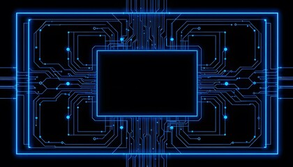 A blue  lit circuit board design with a central black rectangle, showcasing a tech  inspired aesthetic. 