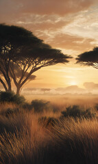 Serene african landscape displaying acacia trees silhouetted against a warm sunrise over savanna plains
