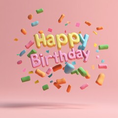 Confetti explosion celebrating happy birthday studio setup graphic design playful environment aerial view festive concept