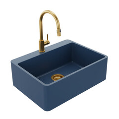 Modern navy blue kitchen sink with a brass faucet