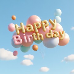 Floating party balloons spelling happy birthday outdoor celebration digital artwork clear skies whimsical concept