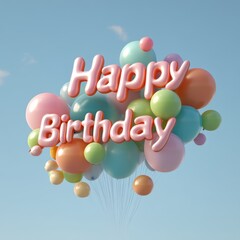 Floating party balloons spelling happy birthday outdoor celebration graphic display bright sky cheerful atmosphere