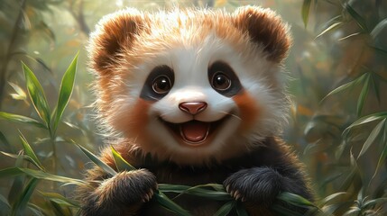 Cheerful baby panda munches bamboo leaves with soft light green forest background.