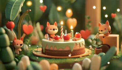 Woodland animals celebrate in a magical forest cake party enchanted nature scene playful viewpoint whimsical concept