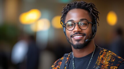 Cheerful support rep with headset smiles warmly at desk, notes and coffee nearby.