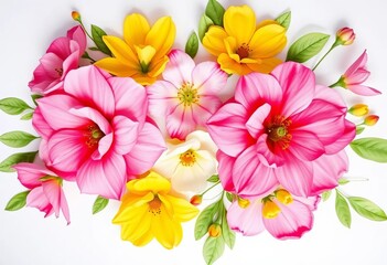 Fototapeta premium Vibrant pink & yellow watercolor flowers, delicate green leaves, elegant floral composition, artwork, aesthetic
