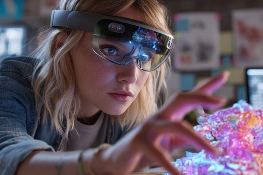 Woman Wearing Augmented Reality Headset Interacting With Hologram, Showcasing Technological Innovation and Digital Transformation in Business : Generative AI