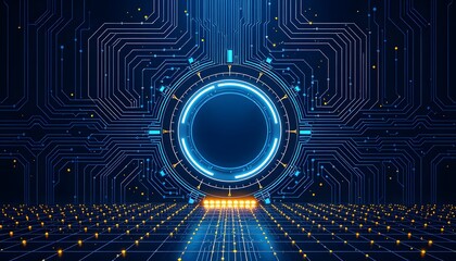 A futuristic scene with a large blue  lit circle surrounded by circuit  like patterns and a grid of glowing dots on the ground. 