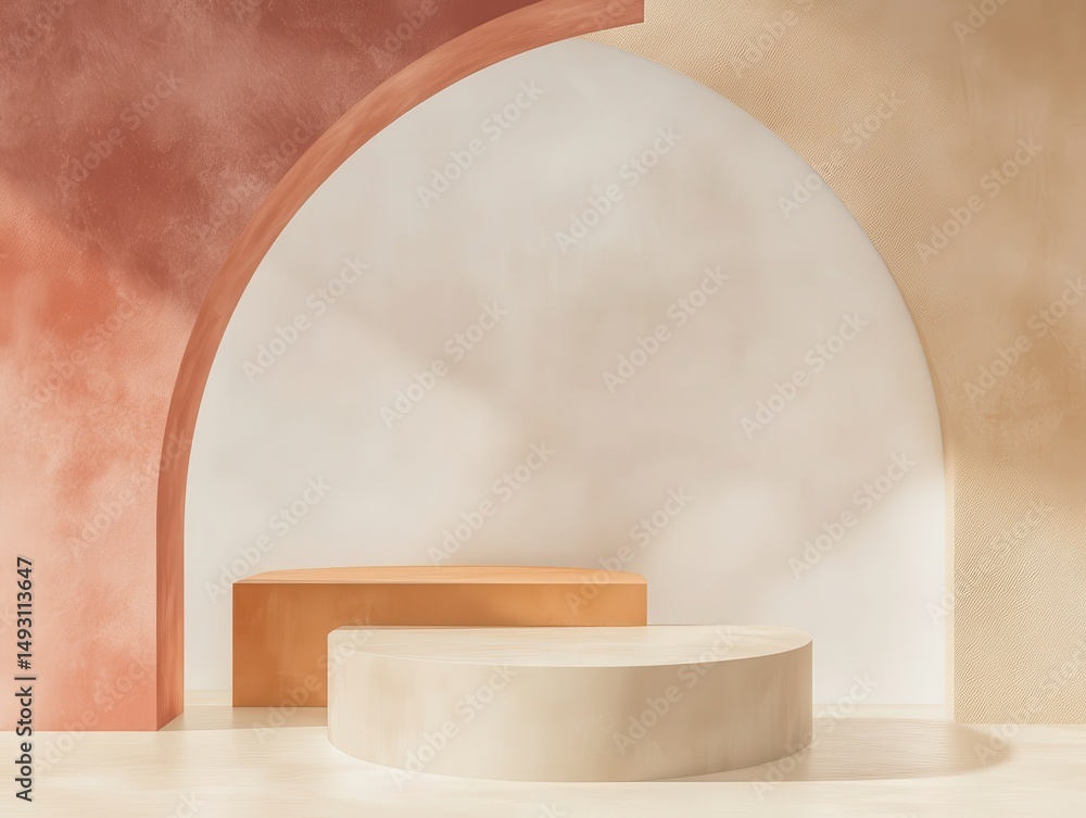 Aufkleber minimalist abstract shapes with subtle soft shadows on a warm earth-tone background, creating a gent