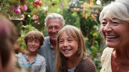 Fototapeta na wymiar Multi-Generational Family Gathering in Garden, Representing Joyful Moments and Intergenerational Connection, Perfect for Family Values and Legacy Planning Campaigns : Generative AI