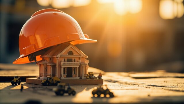 A miniature classical-style building with columns and a triangular pediment sits under an oversized orange construction helmet. Small toy bulldozers, excavators, and a construction worker surround 