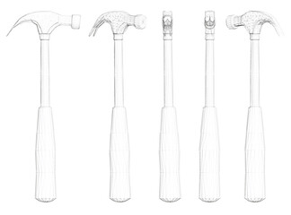 Different views hammer heads are shown in a row. The first hammer is a claw hammer, the second is a ball peen hammer, the third is a sledge hammer, and the fourth is a framing hammer