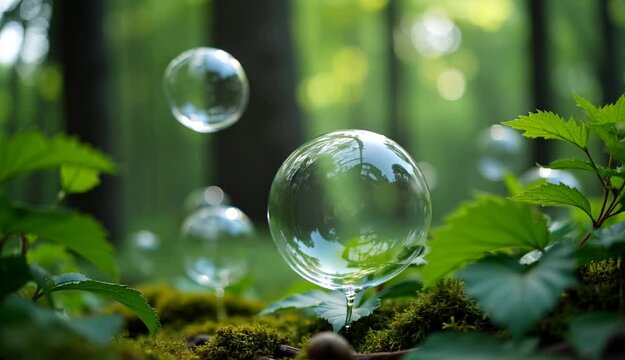 Gently drifting soap bubbles reflecting an ethereal forest style with green hues, representing nature's whimsy and enchantment