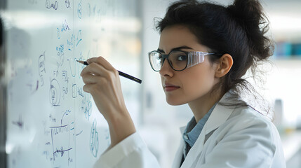 Female Scientist Conducting Research and Writing on Whiteboard