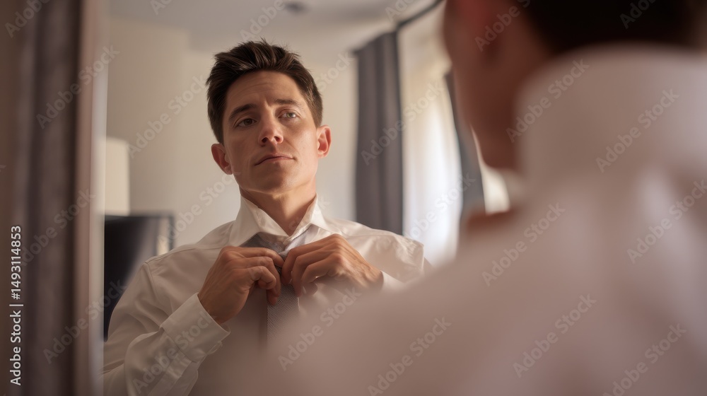 Poster young man tying necktie in mirror, preparing for business meeting and representing professionalism a