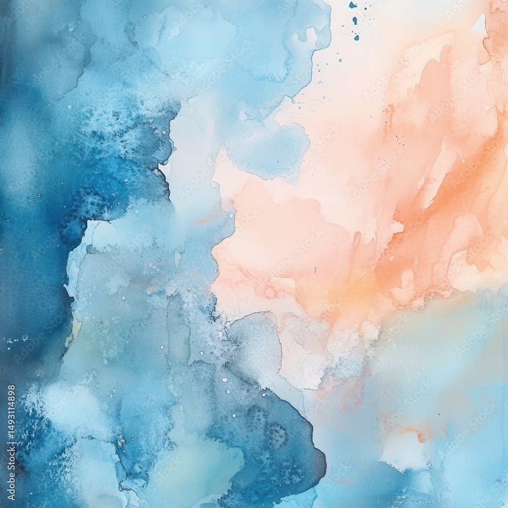 Poster soft blue and peach tones blend in an abstract watercolor background, creating a serene and artistic