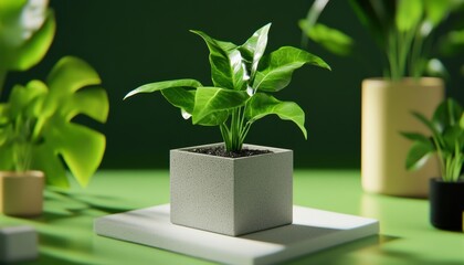 Isometric view of handcrafted indoor plants in matte pots studio setting nature photography minimalist aesthetic