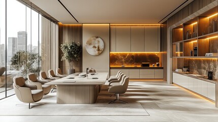 Chic office meeting space with floating desks and cozy lounge seating in modern design.