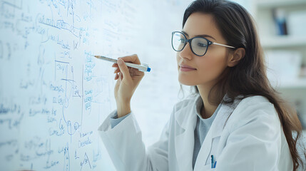 Woman in Lab Coat Writing Research Notes on Whiteboard