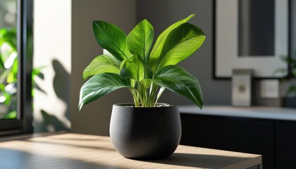 Vibrant potted plant in modern interior home decor natural light tranquil space close-up peaceful ambiance