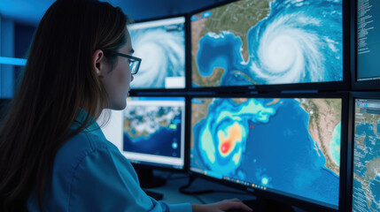 Focused woman analyzes weather data on multiple screens, monitoring hurricane path and intensity. atmosphere is tense yet professional